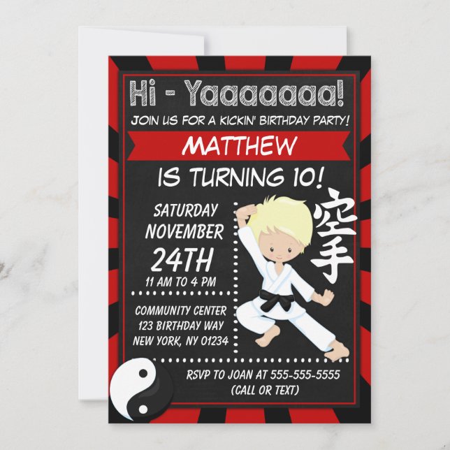 Invitación Fiesta de Karate Niño Rubio Cumpleaños Infantil (Anverso)