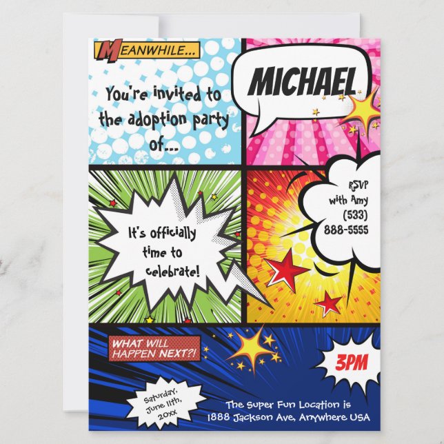 Invitación Fiesta de la adopción del cómic del superhéroe (Anverso)