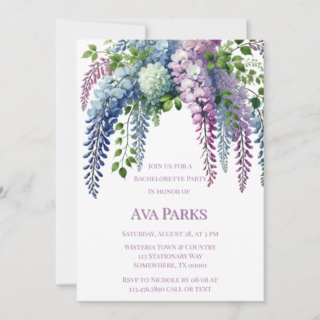Invitación Fiesta de la Bachelorette de la Wisteria Púrpura y (Anverso)
