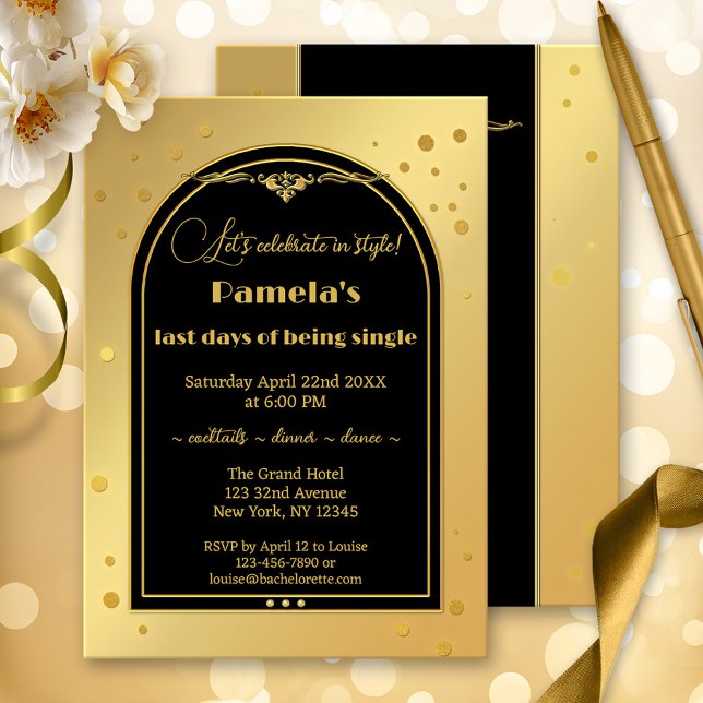 Invitación Fiesta de la Bachelorette del Confetti Negro de Or (A classic gold and black bachelorette party invitation with sparkling gold confetti.)