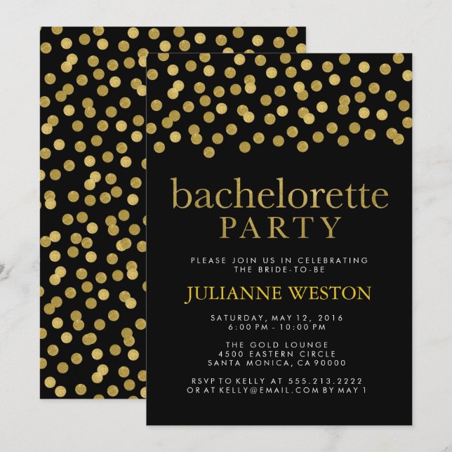 Invitación Fiesta de la Bachelorette del Confetti Negro y Oro (Anverso / Reverso)
