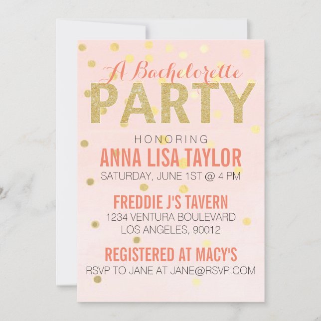 Invitación Fiesta de la Bachelorette, Purpurina de oro (Anverso)