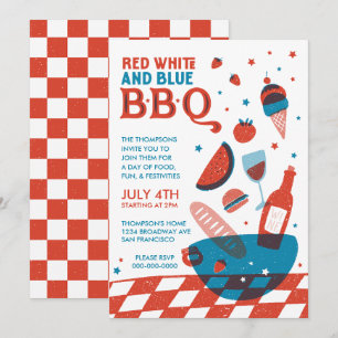 Invitación Fiesta de la barbacoa roja, blanca y azul del 4 de