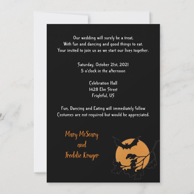 Invitación Fiesta de la boda de Halloween en casa de trucos o (Reverso)