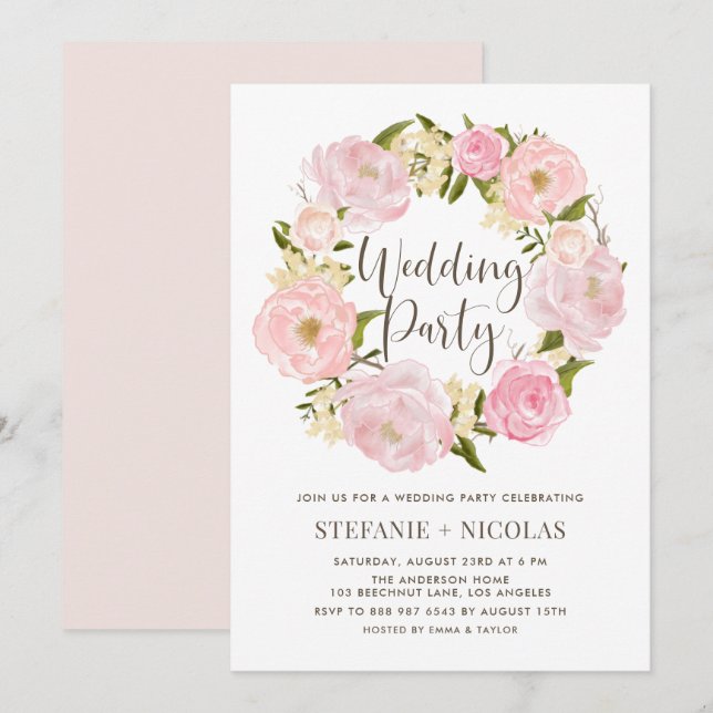Invitación Fiesta de la boda de la guirnalda del peón rosado  (Anverso / Reverso)