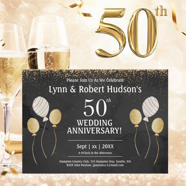 Invitación Fiesta de la Boda de Oro en el 50° aniversario (50th Wedding Anniversary, Gold, Black and White Invitation)