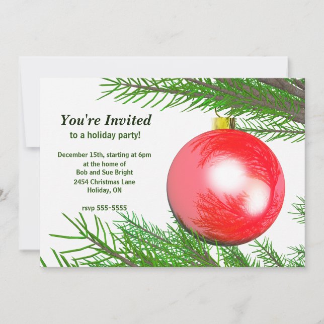 Invitación Fiesta de la bola de árbol de navidad rojo (Anverso)