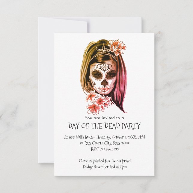 Invitación Fiesta De La Cara De Catrina Pintada El Día De Los (Anverso)