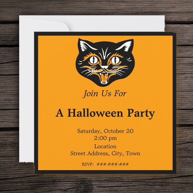Invitación Fiesta de la cara de gato negro de Halloween vinta (Black cat vintage Halloween face on orange and black Halloween party invitation.)