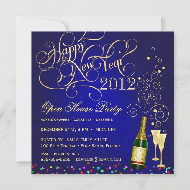 Invitación Fiesta de la Casa Abierta de Año Nuevo - Azul de m (Anverso)
