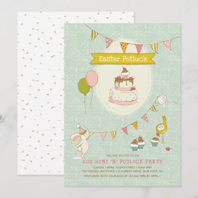 Invitación Fiesta de la caza de huevos de la Pascua Potluck (Anverso / Reverso)