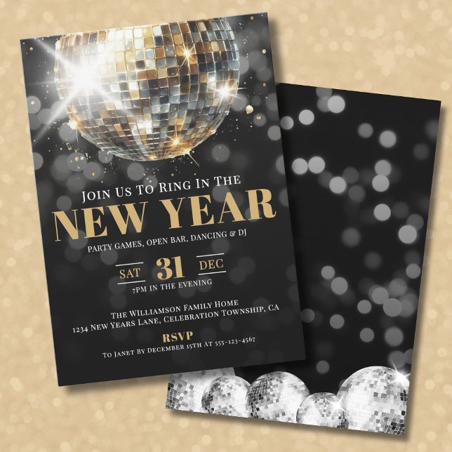 Invitación Fiesta de la celebración de Año Nuevo del Oro Negr (Black Gold New Year's Eve Celebration Party Invitation)