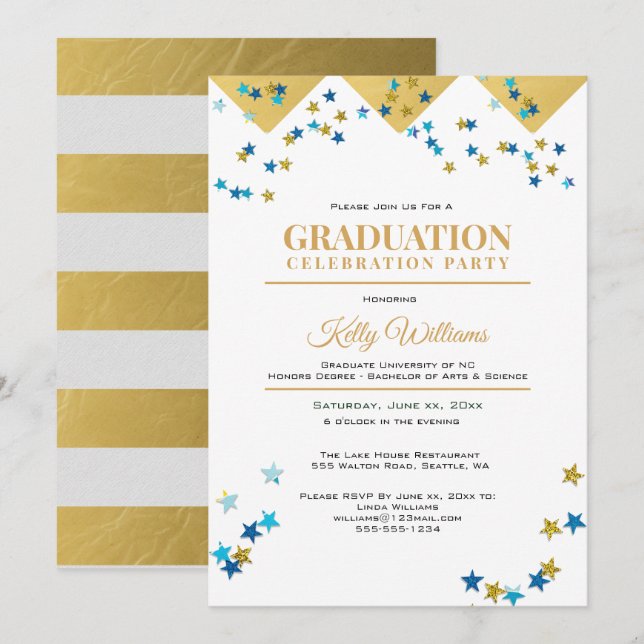 Invitación Fiesta de la celebración de la graduación, oro, no (Anverso / Reverso)