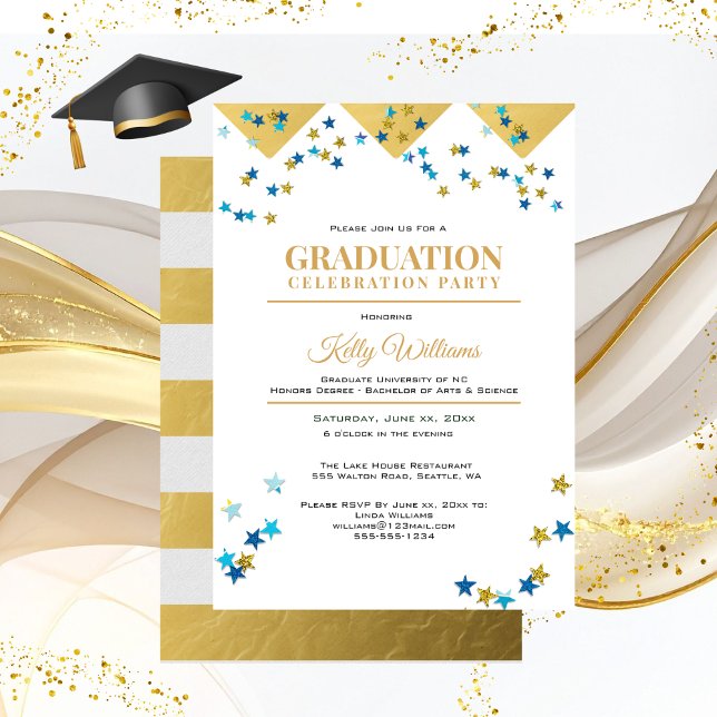 Invitación Fiesta de la celebración de la graduación, oro, no (Graduation Celebration Party Gold Trim Invitation)