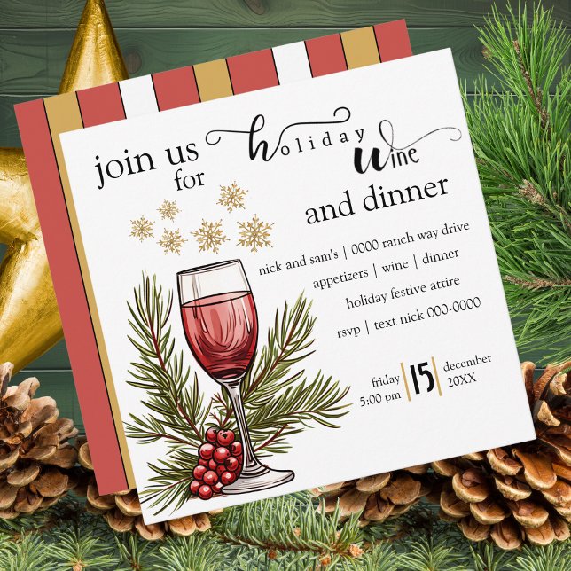Invitación Fiesta de la celebración de vinos y cenas de vacac (Holiday wine and dinner party invitation with snowflakes, wine glass and pine
)