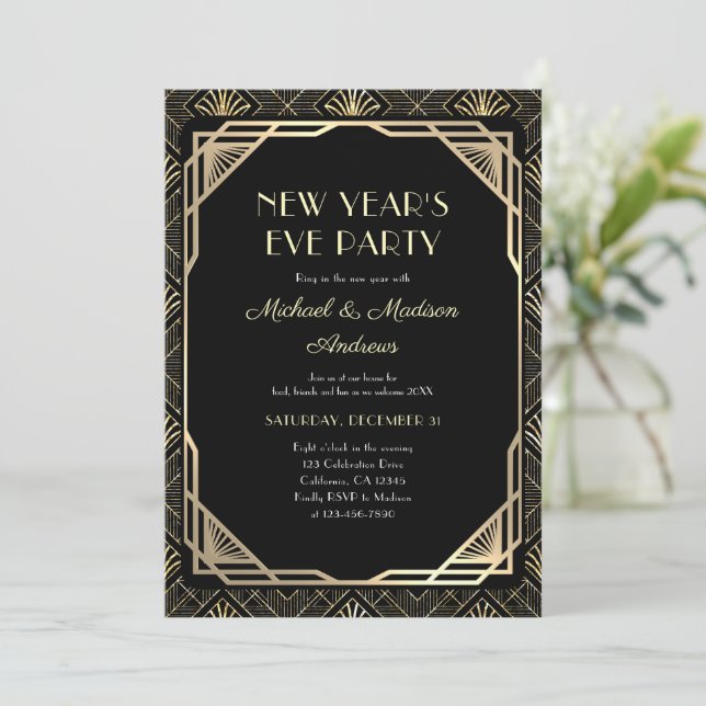 Invitación Fiesta de la celebración del Año Nuevo Negro y Oro (Anverso de pie)