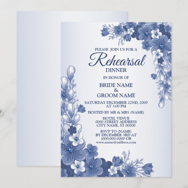 Invitación Fiesta de la cena Boda Floral Azul Rústico (Anverso / Reverso)