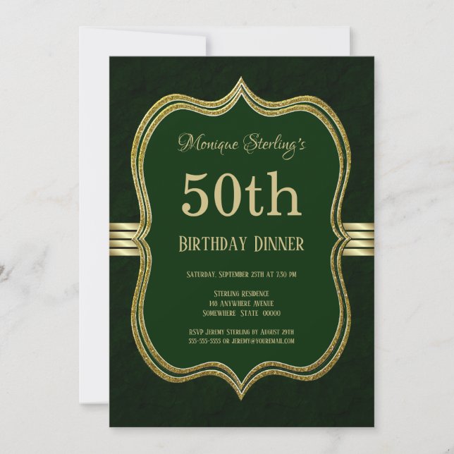 Invitación Fiesta de la cena de 50 cumpleaños verde y dorado (Anverso)