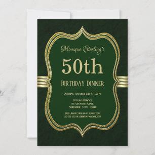 Invitación Fiesta de la cena de 50 cumpleaños verde y dorado