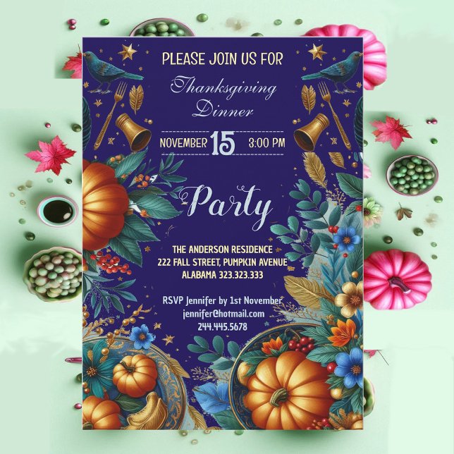 Invitación Fiesta de la cena de Acción de Gracias botánico de (Gold Pumpkins Botanical Thanksgiving Dinner Party Invitation)