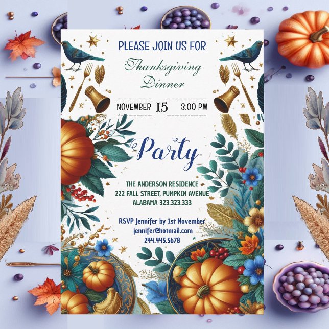 Invitación Fiesta de la cena de Acción de Gracias botánico de (Gold Pumpkins Botanical Thanksgiving Dinner Party Invitation)