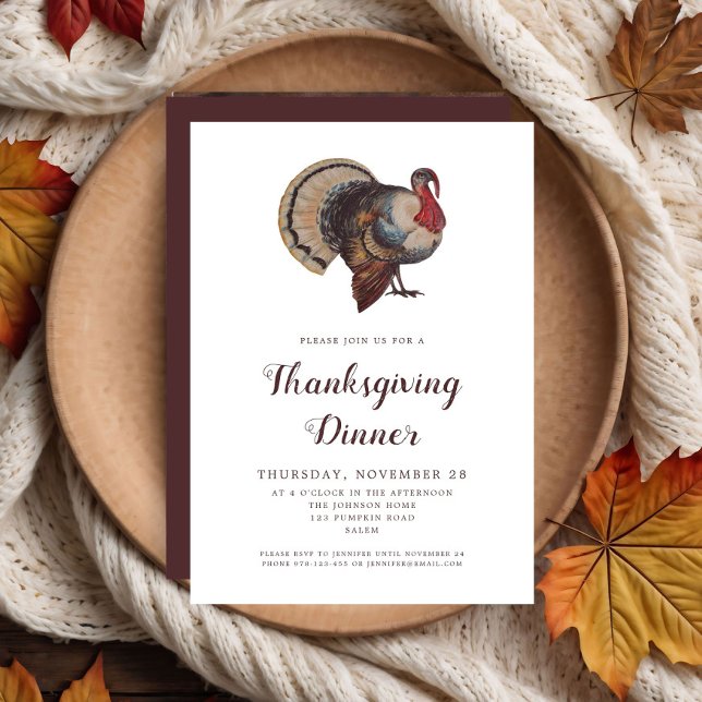 Invitación Fiesta de la cena de Acción de Gracias de la Antig (Vintage Turkey Thanksgiving Dinner Party Invitation)