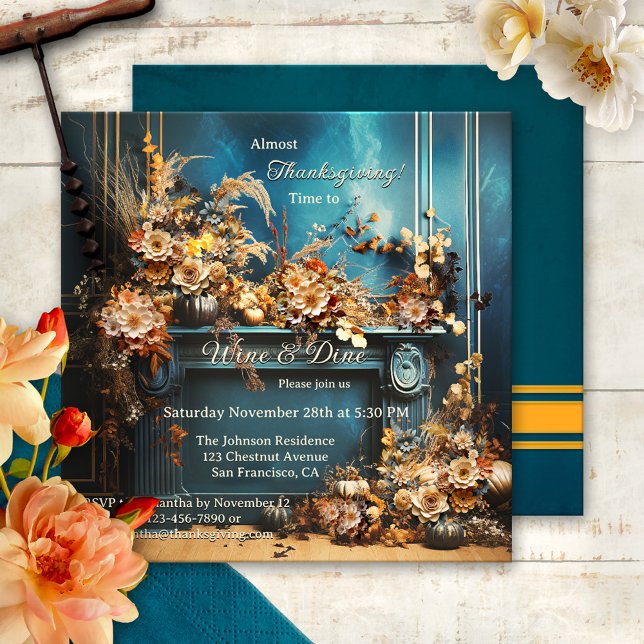 Invitación Fiesta de la cena de Acción de Gracias de la Moda  (Whimsical boho chic Thanksgiving dinner party invitation, featuring flowers in a retro style room)