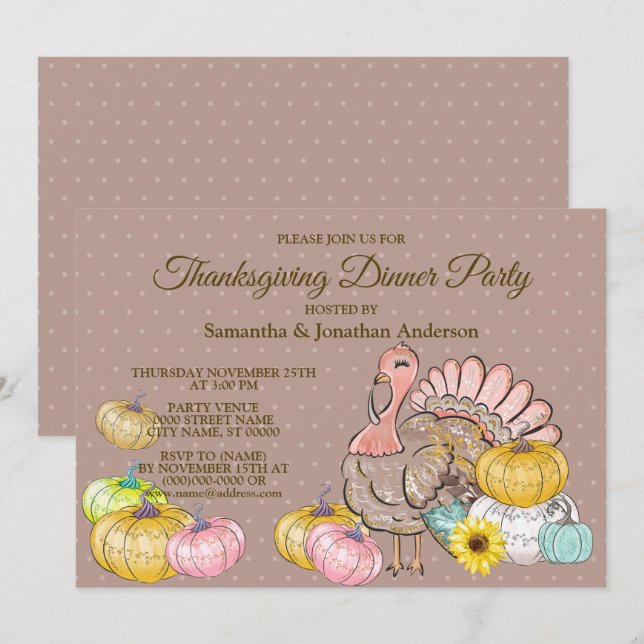 Invitación Fiesta de la cena de Acción de Gracias Turquía cal (Anverso / Reverso)