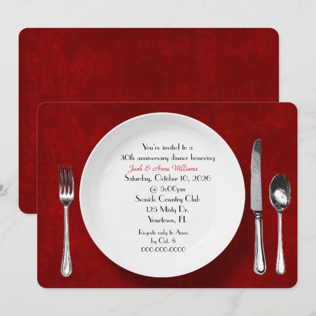 Invitación Fiesta de la cena de aniversario invitado en rojo (Anverso / Reverso)