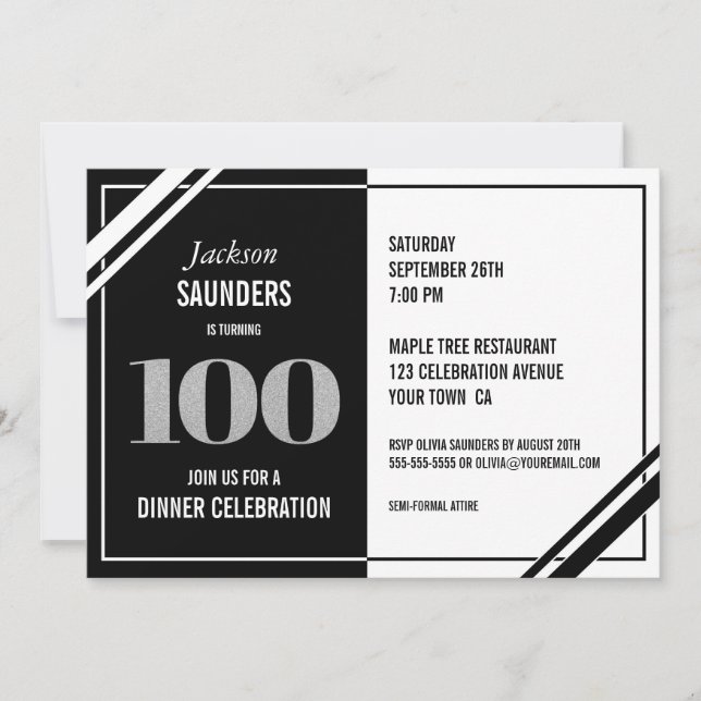 Invitación Fiesta de la cena de cumpleaños 100 Black White (Anverso)