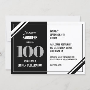 Invitación Fiesta de la cena de cumpleaños 100 Black White