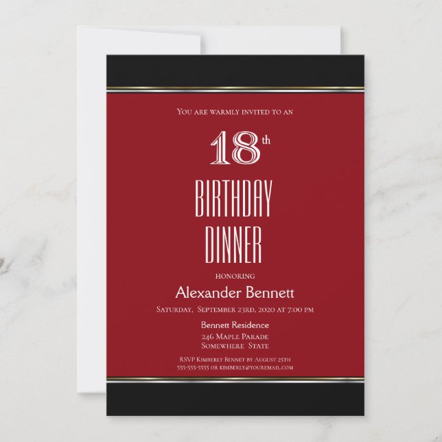 Invitación Fiesta de la cena de cumpleaños 18 de blanco negro (Anverso)