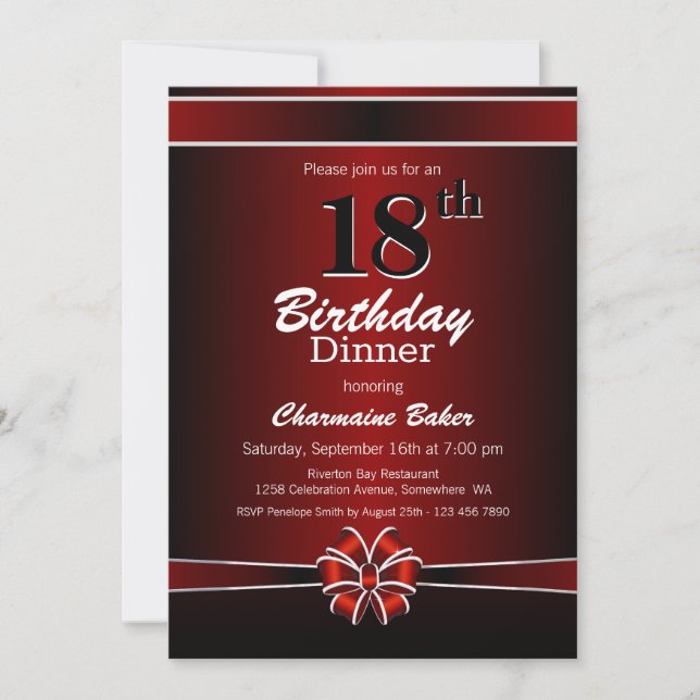 Invitación Fiesta de la cena de cumpleaños 18 en negro y rojo (Anverso)