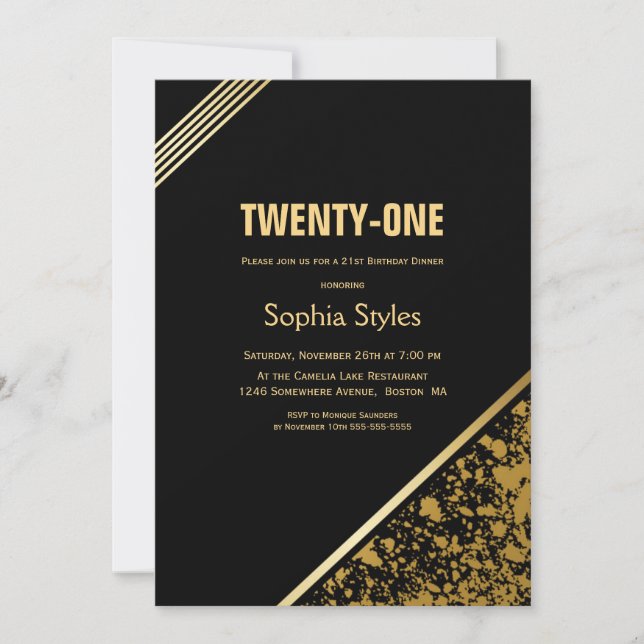 Invitación Fiesta de la cena de cumpleaños 21 Black and Gold (Anverso)