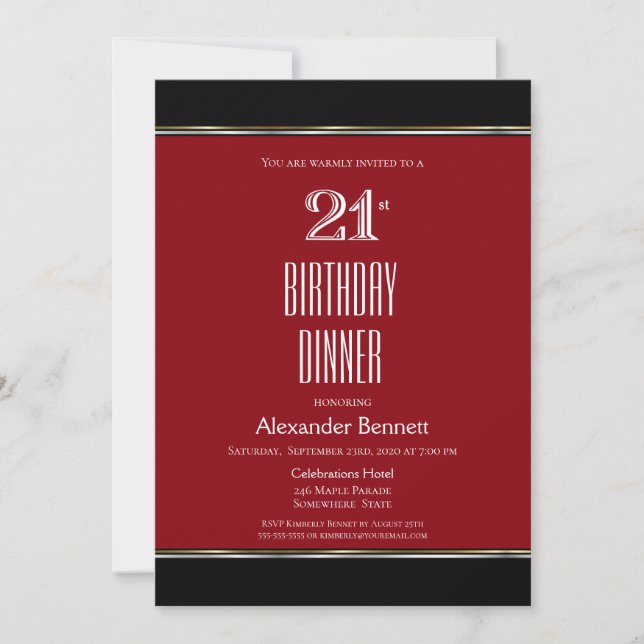 Invitación Fiesta de la cena de cumpleaños 21 de blanco negro (Anverso)