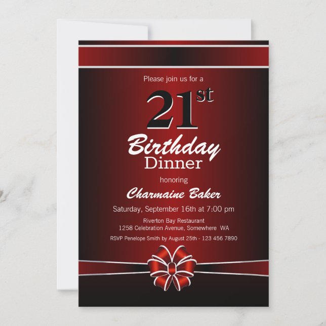 Invitación Fiesta de la cena de cumpleaños 21 negro y rojo (Anverso)