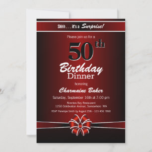 Invitación Fiesta de la cena de cumpleaños 50 Black and Red S