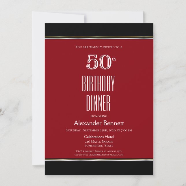 Invitación Fiesta de la cena de cumpleaños 50 de blanco negro (Anverso)
