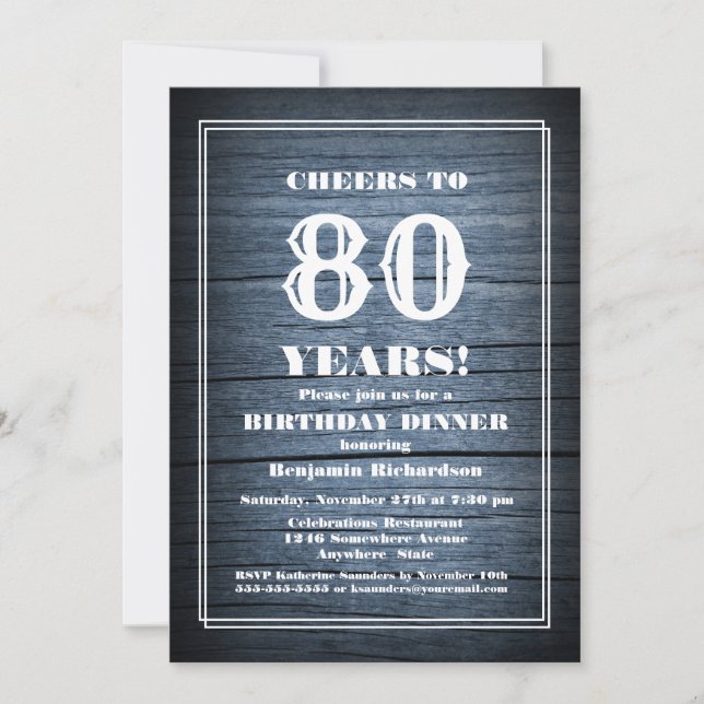 Invitación Fiesta de la cena de cumpleaños 80 de Rustic Wood (Anverso)