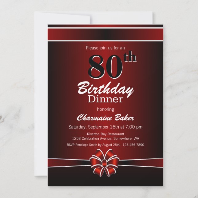 Invitación Fiesta de la cena de cumpleaños 80 en negro y rojo (Anverso)
