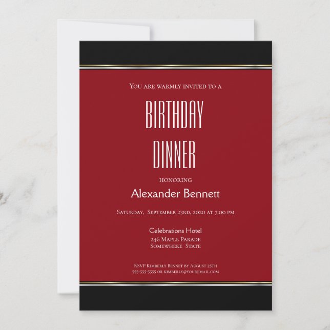 Invitación Fiesta de la cena de cumpleaños blanco rojo negro (Anverso)