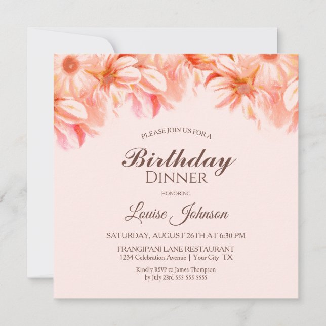 Invitación Fiesta de la cena de cumpleaños con flores rosadas (Anverso)