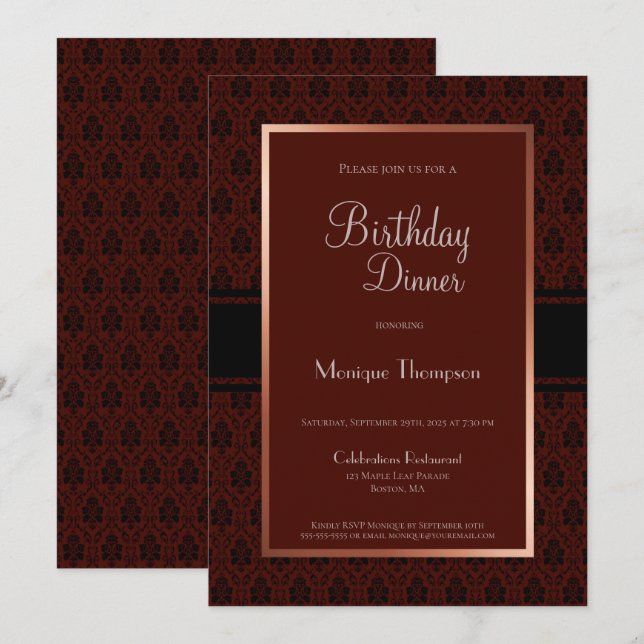 Invitación Fiesta de la cena de cumpleaños de Burgundy Damask (Anverso / Reverso)