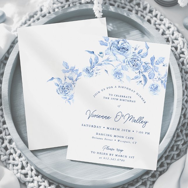 Invitación fiesta de la cena de cumpleaños Dusty Blue Rosa Fl (Subido por el creador)