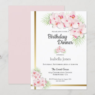 Invitación Fiesta de la cena de cumpleaños floral rosa y dora