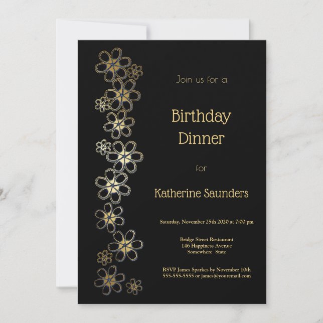 Invitación Fiesta de la cena de cumpleaños negro y oro (Anverso)
