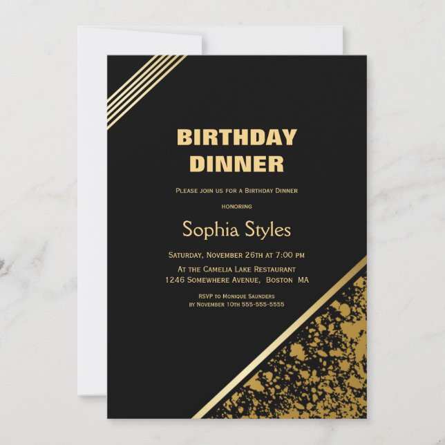 Invitación Fiesta de la cena de cumpleaños negro y oro (Anverso)