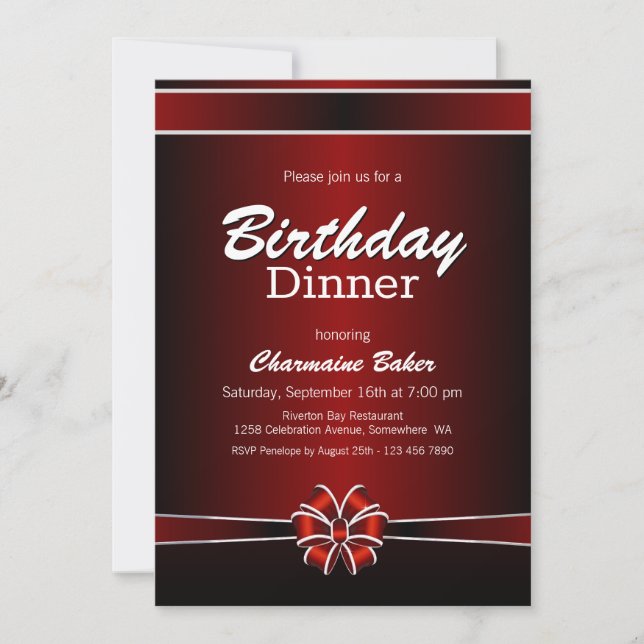 Invitación Fiesta de la cena de cumpleaños negro y rojo (Anverso)