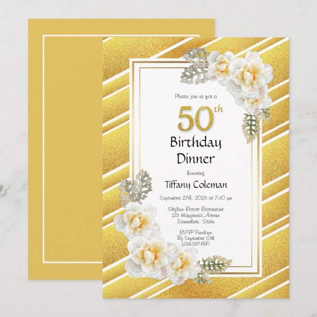 Invitación Fiesta de la cena de cumpleaños número 50 con raya (Anverso / Reverso)