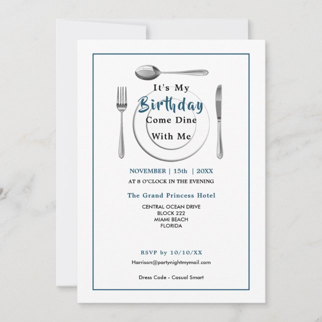 Invitación Fiesta De La Cena De Cumpleaños Ven A Cenar Conmig (Anverso)